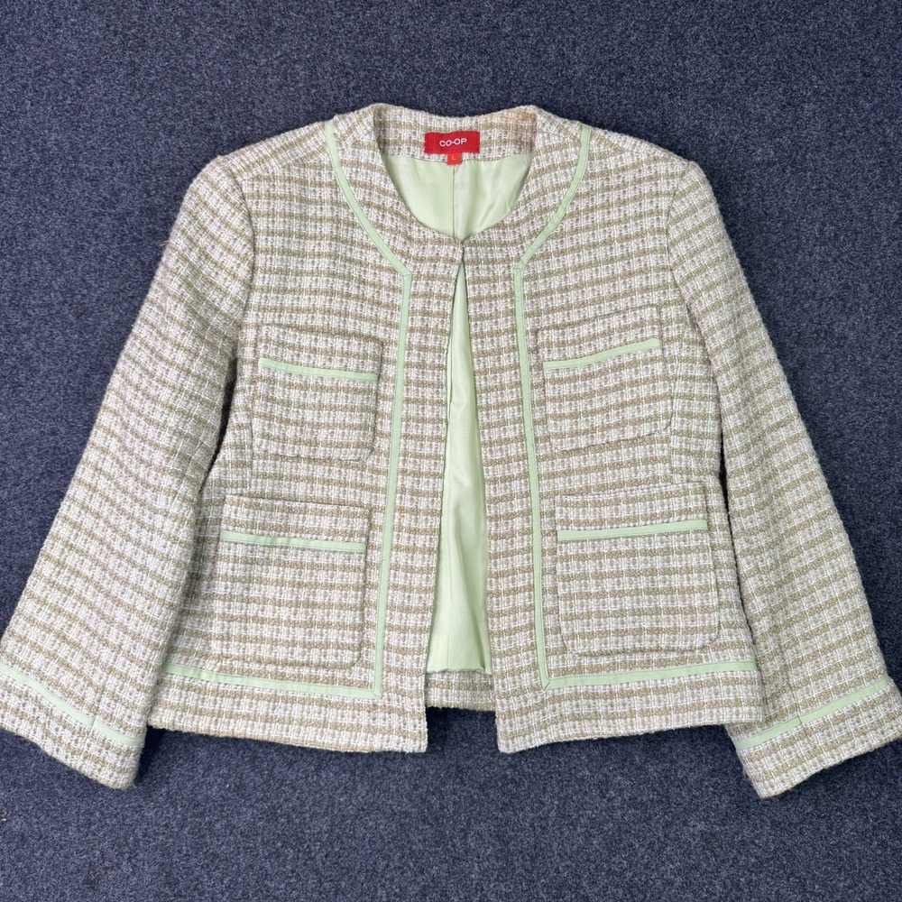 CO-OP Womens L Boucle Tweed Jacket Mint Green Trim Preppy Cropped Blazer